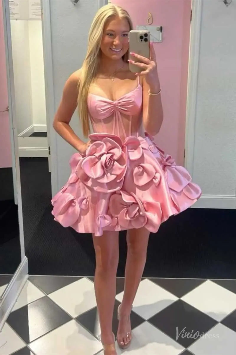 Pink Satin Homecoming Dress with Spaghetti Straps, Sheer Corset Bodice and 3D Flower Skirt – H1143-Homecoming Dresses 2025 -Viniodress-Pink-Custom Size-
