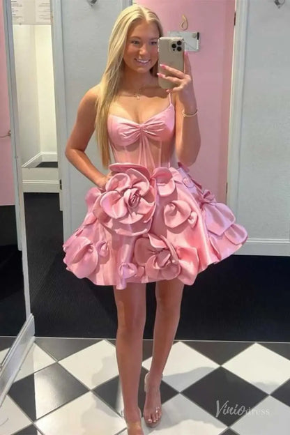 Pink Satin Homecoming Dress with Spaghetti Straps, Sheer Corset Bodice and 3D Flower Skirt – H1143-Homecoming Dresses 2025 -Viniodress-Pink-Custom Size-