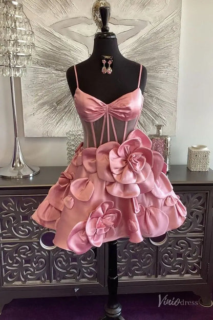 Pink Satin Homecoming Dress with Spaghetti Straps, Sheer Corset Bodice and 3D Flower Skirt – H1143-Homecoming Dresses 2025 -Viniodress-Pink-Custom Size-