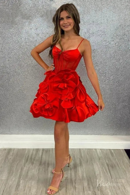 Pink Satin Homecoming Dress with Spaghetti Straps, Sheer Corset Bodice and 3D Flower Skirt – H1143-Homecoming Dresses 2025 -Viniodress-Pink-Custom Size-