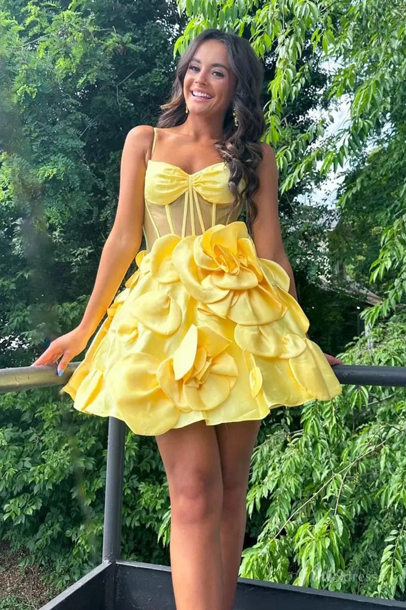 Pink Satin Homecoming Dress with Spaghetti Straps, Sheer Corset & 3D Flower  Skirt – H1143 – Viniodress