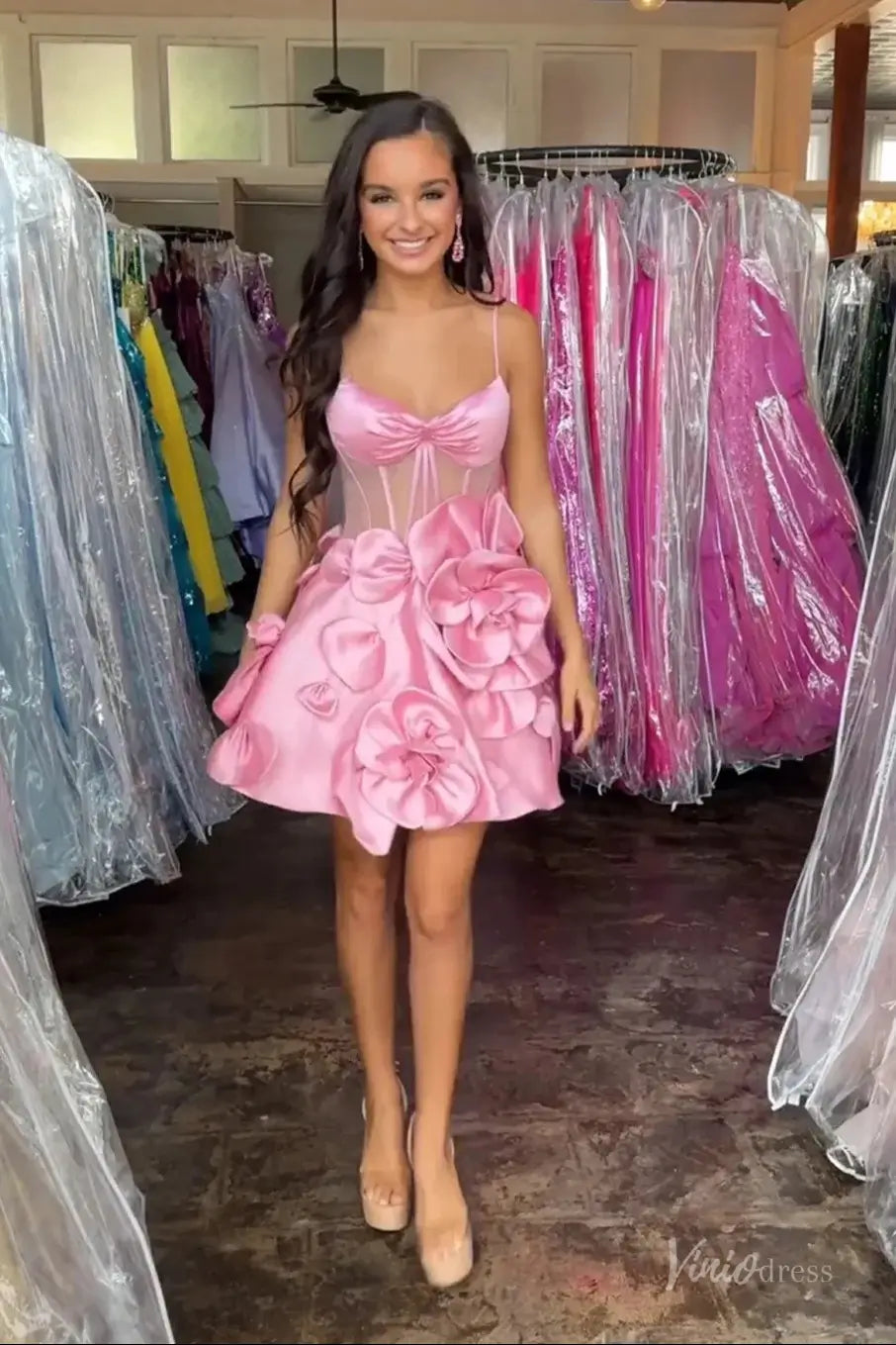 Pink Satin Homecoming Dress with Spaghetti Straps, Sheer Corset & 3D Flower Skirt H1143 Viniodress Pink Satin Homecoming Dress with Spaghetti Straps, Sheer Corset & 3D Flower Skirt H1143 Viniodress