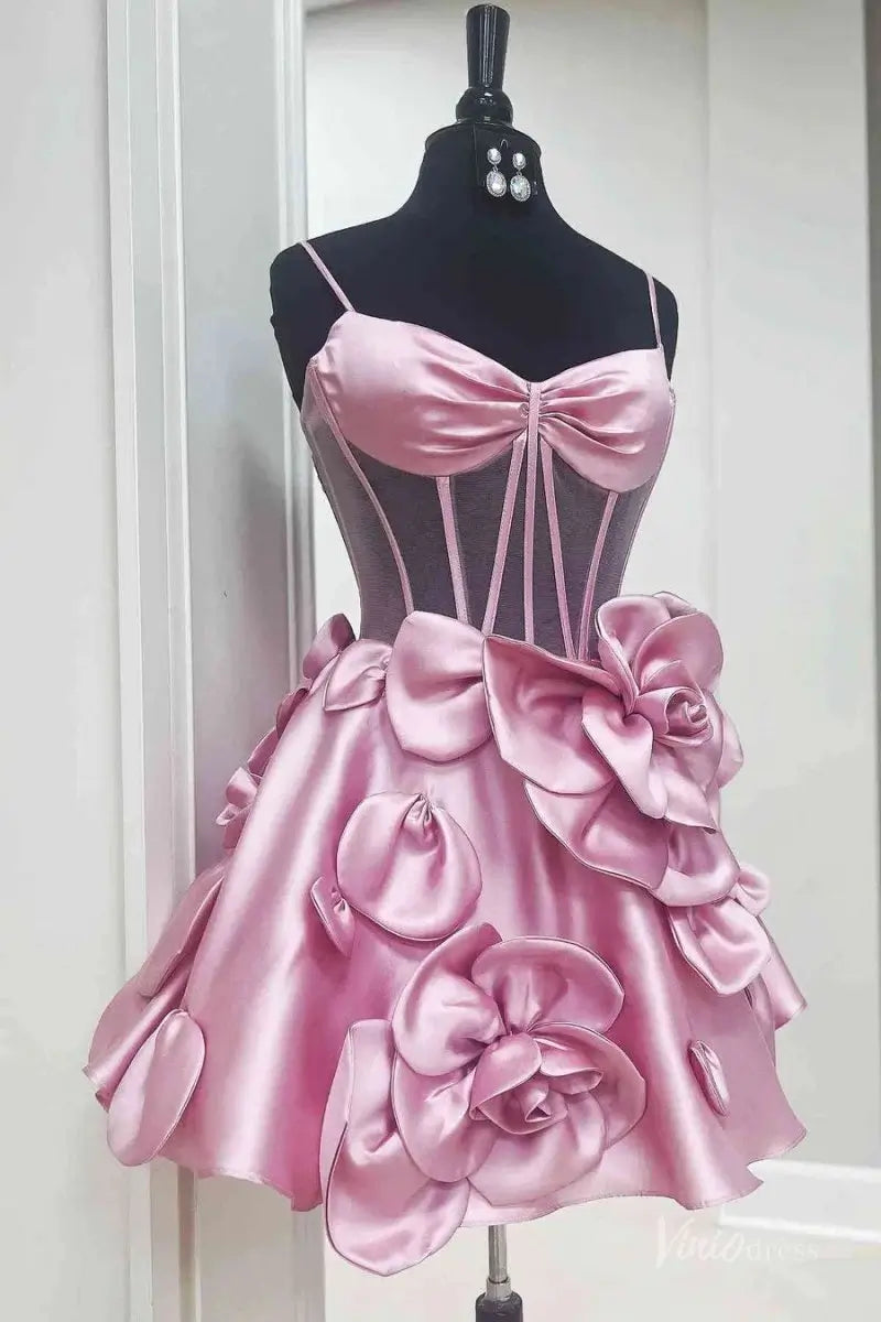 Pink Satin Homecoming Dress with Spaghetti Straps, Sheer Corset & 3D Flower  Skirt – H1143 – Viniodress