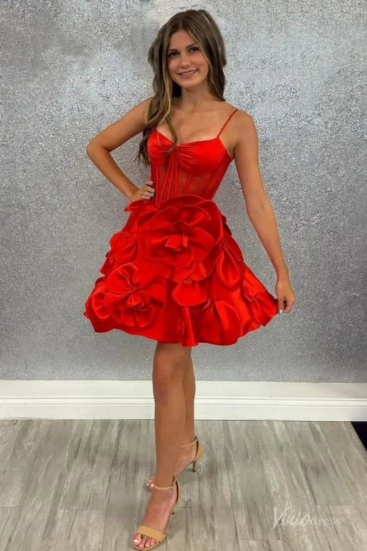 Pink Satin Homecoming Dress with Spaghetti Straps, Sheer Corset & 3D Flower  Skirt – H1143 – Viniodress