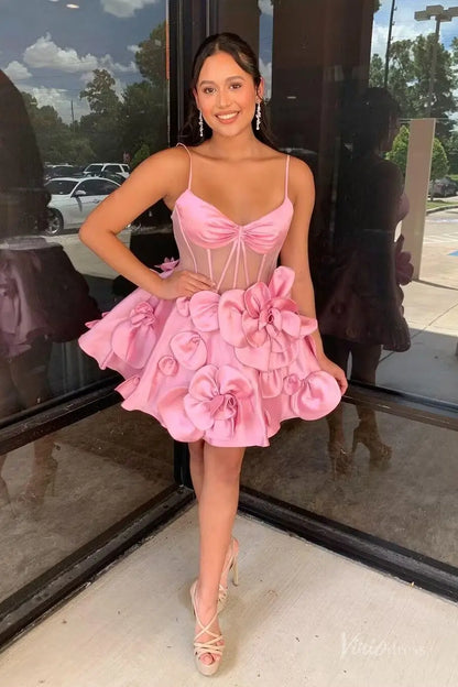 Pink Satin Homecoming Dress with Spaghetti Straps, Sheer Corset Bodice and 3D Flower Skirt – H1143-Homecoming Dresses 2025 -Viniodress-Pink-Custom Size-