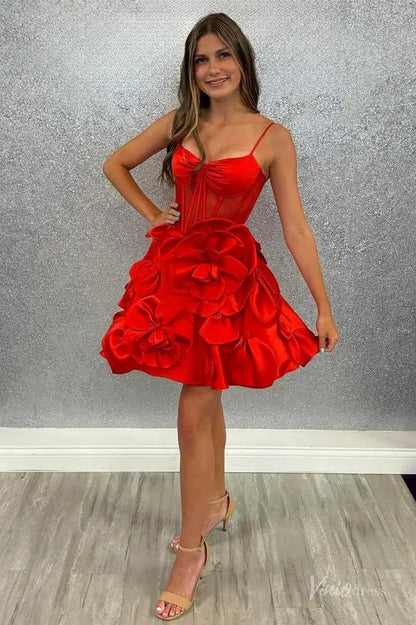 Pink Satin Homecoming Dress with Spaghetti Straps, Sheer Corset Bodice and 3D Flower Skirt – H1143-Homecoming Dresses 2025 -Viniodress-Red-Custom Size-
