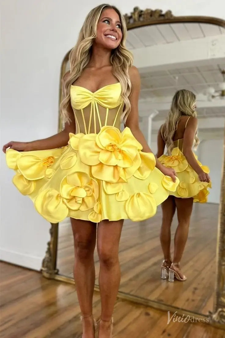 Pink Satin Homecoming Dress with Spaghetti Straps, Sheer Corset Bodice and 3D Flower Skirt – H1143-Homecoming Dresses 2025 -Viniodress-Yellow-Custom Size-