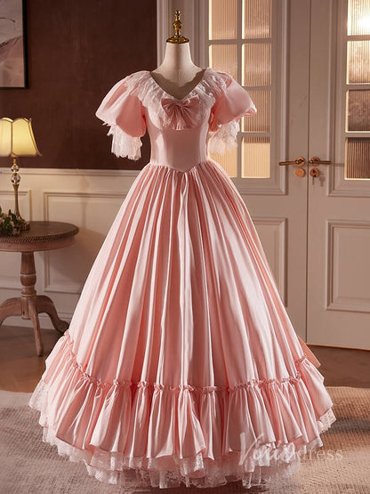 Pink Satin Lace Prom Dresses Puffed Sleeve Bow-Tie Quinceanera Dress 90058-prom dresses 2025 -Viniodress-Pink-Custom Size-