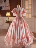 Pink Satin Lace Prom Dresses Puffed Sleeve Bow-Tie Quinceanera Dress 90058-prom dresses-Viniodress-Viniodress