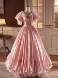 Pink Satin Lace Prom Dresses Puffed Sleeve Bow-Tie Quinceanera Dress 90058