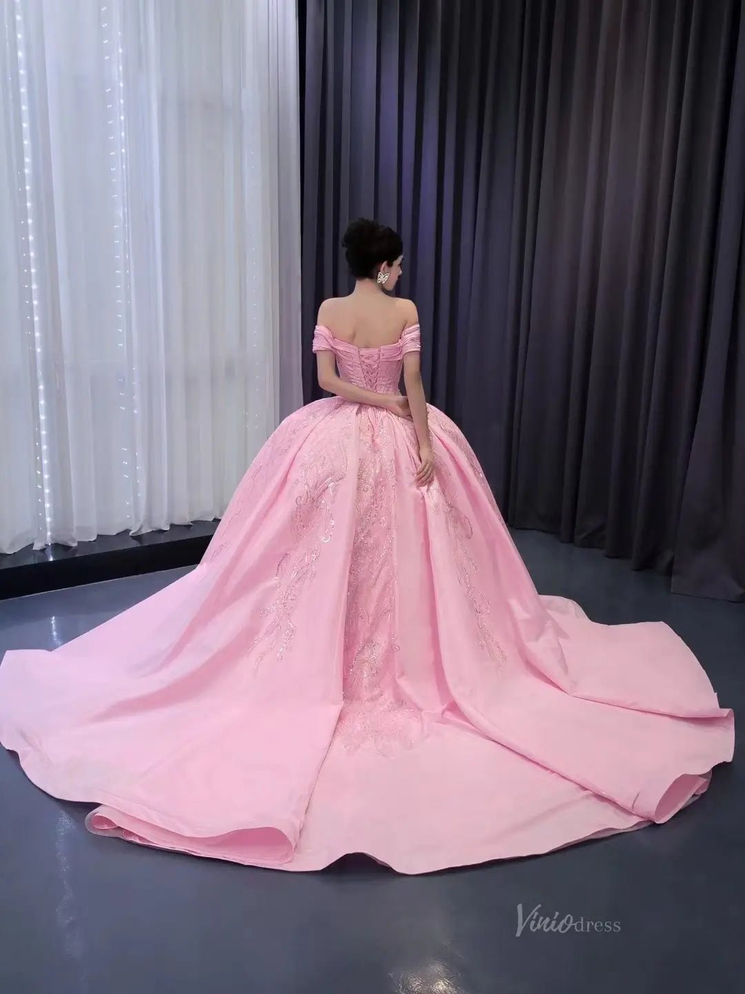 Pink Satin Lace Wedding Dresses Off the Shoulder Quinceanera Dresses 241124-Quinceanera Dresses 2025 -Viniodress-Pink-Custom Size-