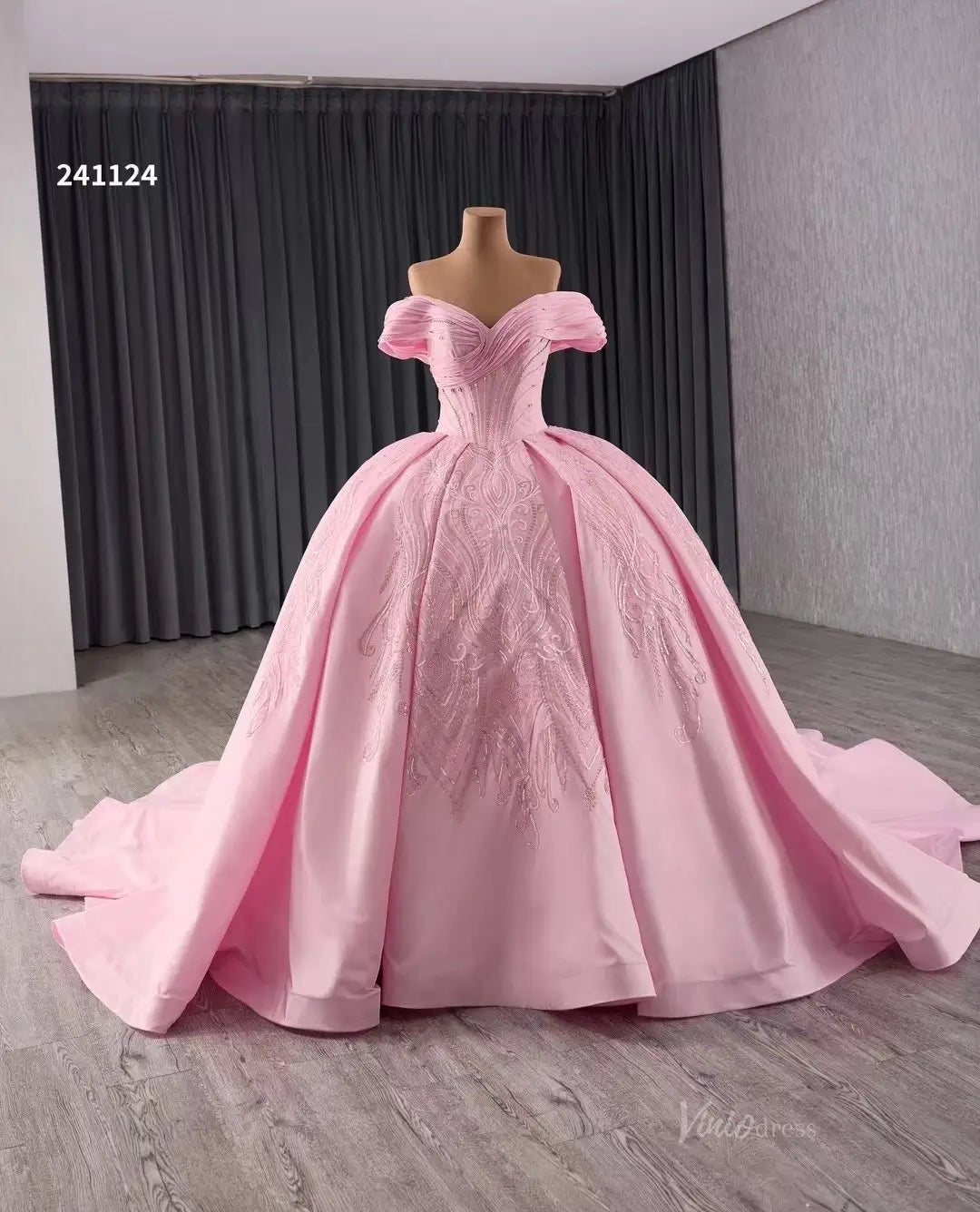 Pink Satin Lace Wedding Dresses Off the Shoulder Quinceanera Dresses 241124-Quinceanera Dresses 2025 -Viniodress-Pink-Custom Size-