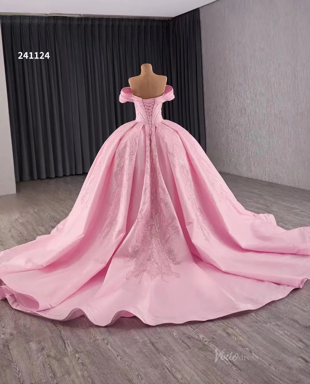 Pink Satin Lace Wedding Dresses Off the Shoulder Quinceanera Dresses 241124-Quinceanera Dresses 2025 -Viniodress-Pink-Custom Size-