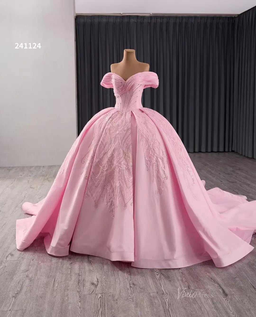 Pink Satin Lace Wedding Dresses Off the Shoulder Quinceanera Dresses 241124-Quinceanera Dresses 2025 -Viniodress-Pink-Custom Size-