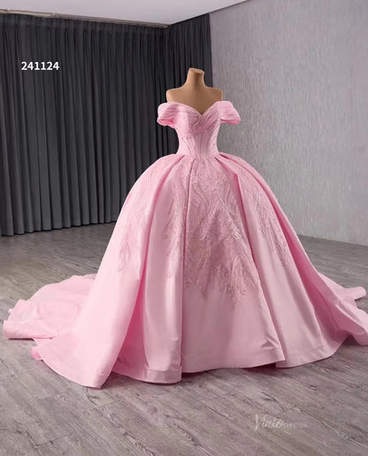 Pink Satin Lace Wedding Dresses Off the Shoulder Quinceanera Dresses 241124-Quinceanera Dresses 2025 -Viniodress-Pink-Custom Size-