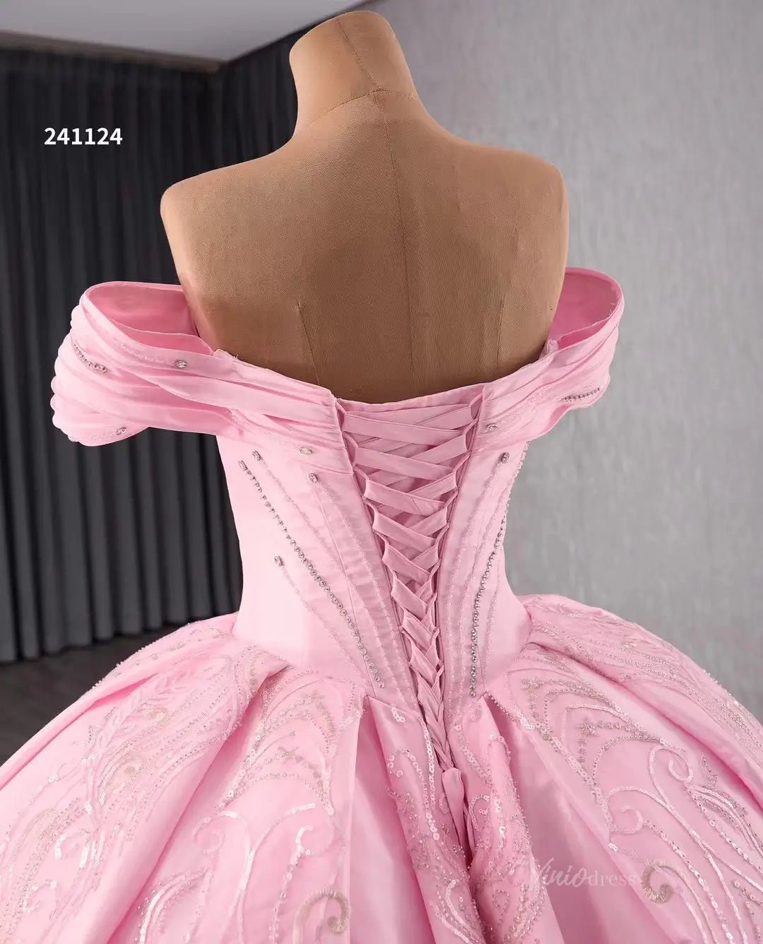 Pink Satin Lace Wedding Dresses Off the Shoulder Quinceanera Dresses 241124-Quinceanera Dresses 2025 -Viniodress-Pink-Custom Size-