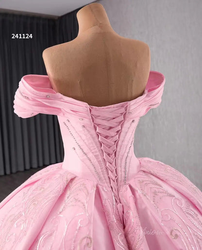 Pink Satin Lace Wedding Dresses Off the Shoulder Quinceanera Dresses 241124-Quinceanera Dresses 2025 -Viniodress-Pink-Custom Size-
