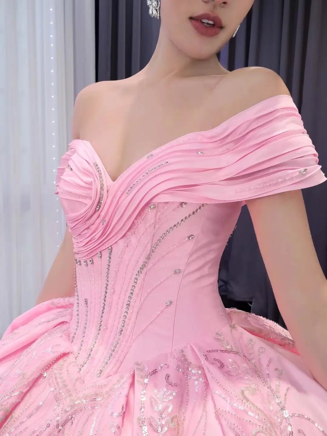 Pink Satin Lace Wedding Dresses Off the Shoulder Quinceanera Dresses 241124-Quinceanera Dresses 2025 -Viniodress-Pink-Custom Size-