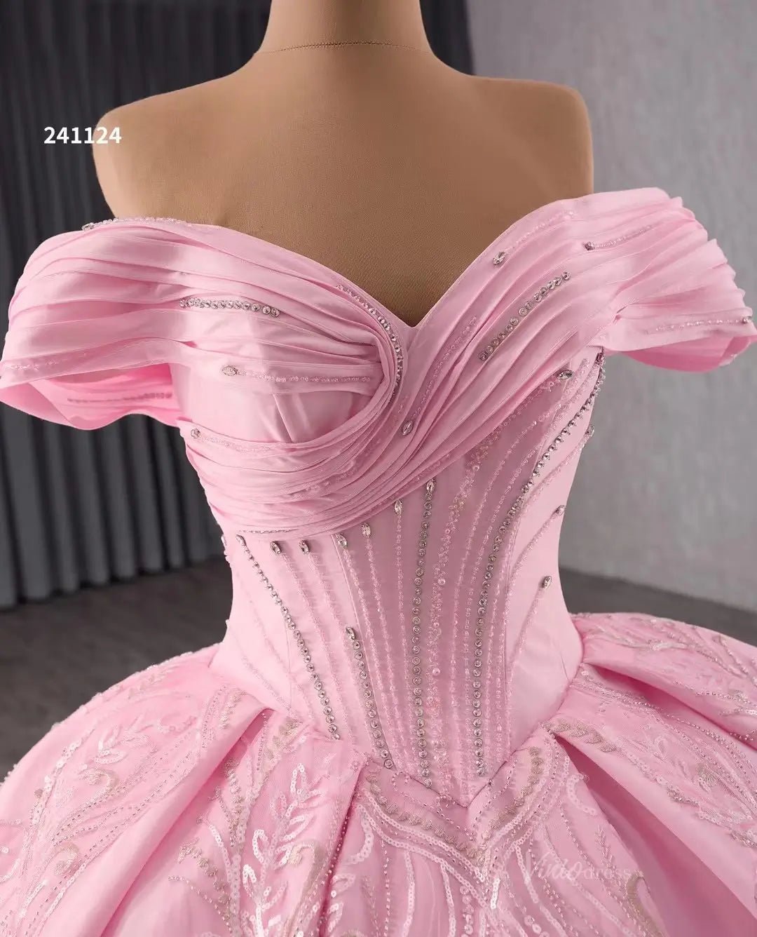 Pink Satin Lace Wedding Dresses Off the Shoulder Quinceanera Dresses 241124-Quinceanera Dresses 2025 -Viniodress-Pink-Custom Size-