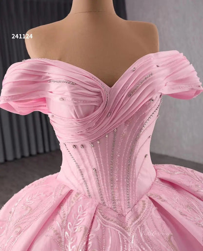 Pink Satin Lace Wedding Dresses Off the Shoulder Quinceanera Dresses 241124-Quinceanera Dresses 2025 -Viniodress-Pink-Custom Size-