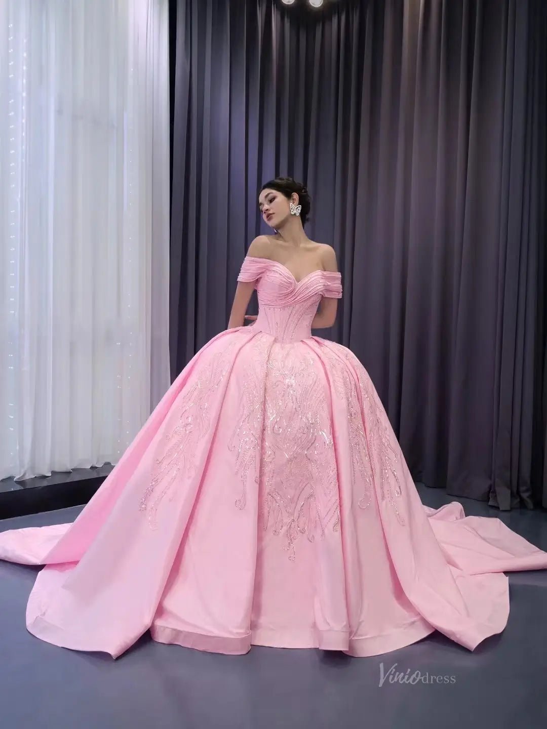 Pink Satin Lace Wedding Dresses Off the Shoulder Quinceanera Dresses 241124-Quinceanera Dresses 2025 -Viniodress-Pink-Custom Size-