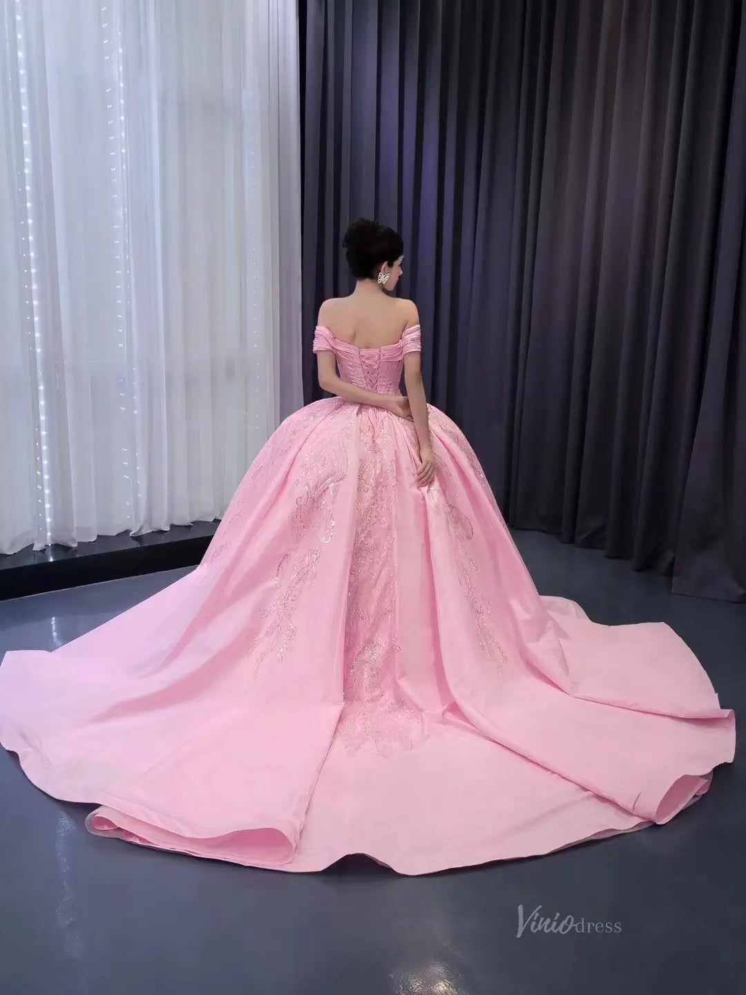 Quinceanera Dresses 2025 Pink Satin Lace Wedding Dresses Off the Shoulder Quinceanera Dresses 241124-plus size wedding dresses Viniodress-Pink-Custom Size-