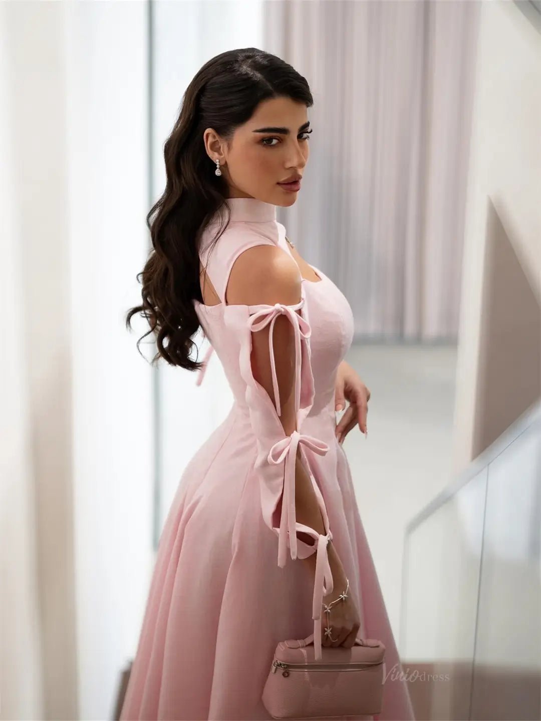 Pink Satin Maxi Prom Dresses 2025 with Bow, Long Sleeve & High Neck Viniodress Pink Satin Maxi Prom Dresses 2025 with Bow, Long Sleeve & High Neck Viniodress