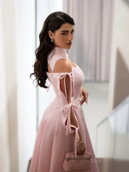Pink Satin Maxi Prom Dresses 2025 with Bow, Long Sleeve & High Neck – FD5202-prom dresses 2025 -Viniodress-Pink-Custom Size-