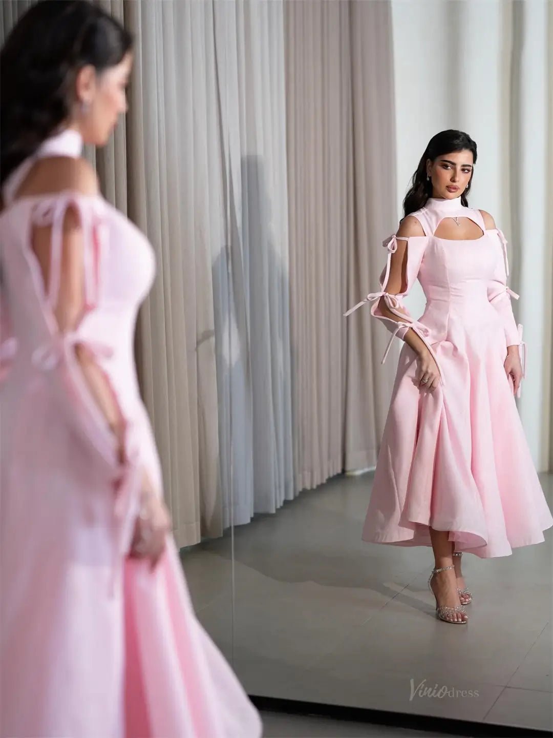 Pink Satin Maxi Prom Dresses 2025 with Bow, Long Sleeve & High Neck – FD5202-prom dresses 2025 -Viniodress-Pink-Custom Size-