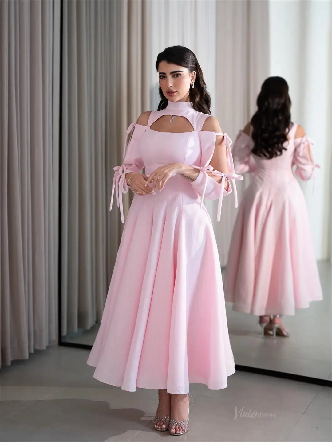 Pink Satin Maxi Prom Dresses 2025 with Bow, Long Sleeve & High Neck – FD5202-prom dresses 2025 -Viniodress-Pink-Custom Size-