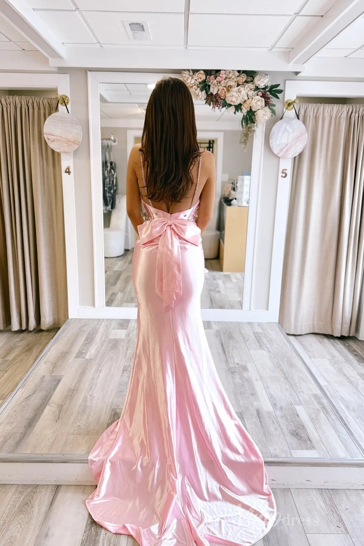 Pink Satin Mermaid Prom Dress with Rhinestone Straps, Beaded Bodice, Large Back Bow – SS085-prom dresses 2025 -Viniodress-Pink-Custom Size-