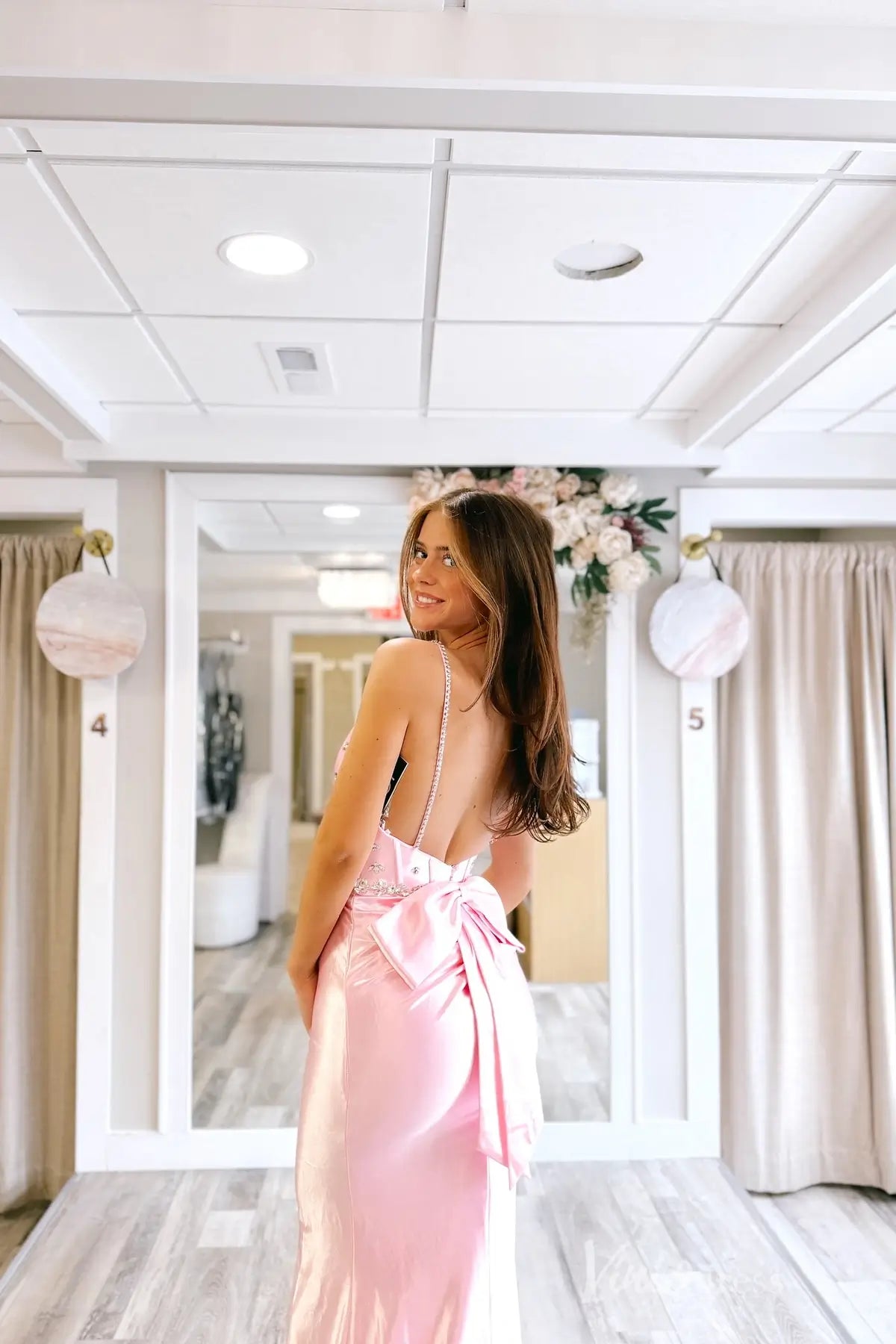 Pink Satin Mermaid Prom Dress with Rhinestone Straps, Beaded Bodice, Large Back Bow – SS085-prom dresses 2025 -Viniodress-Pink-Custom Size-