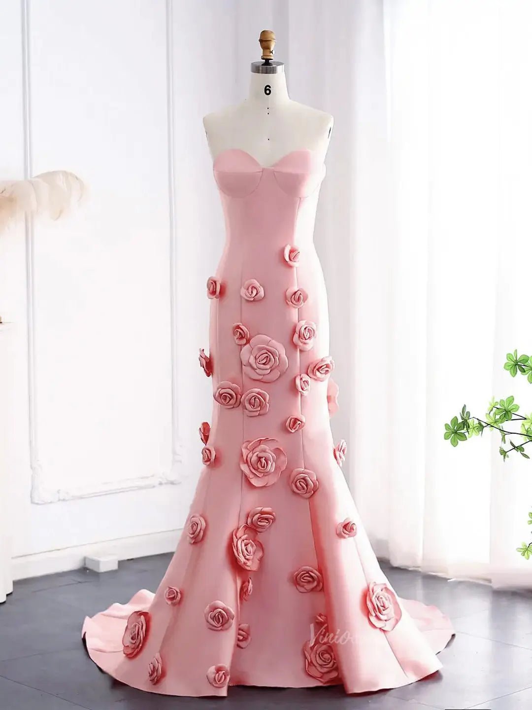 Pink Satin Mermaid Prom Dresses, Rose Flower, Ethereal Formal Dresses BD006-prom dresses 2025 -Viniodress-Pink-US 2-