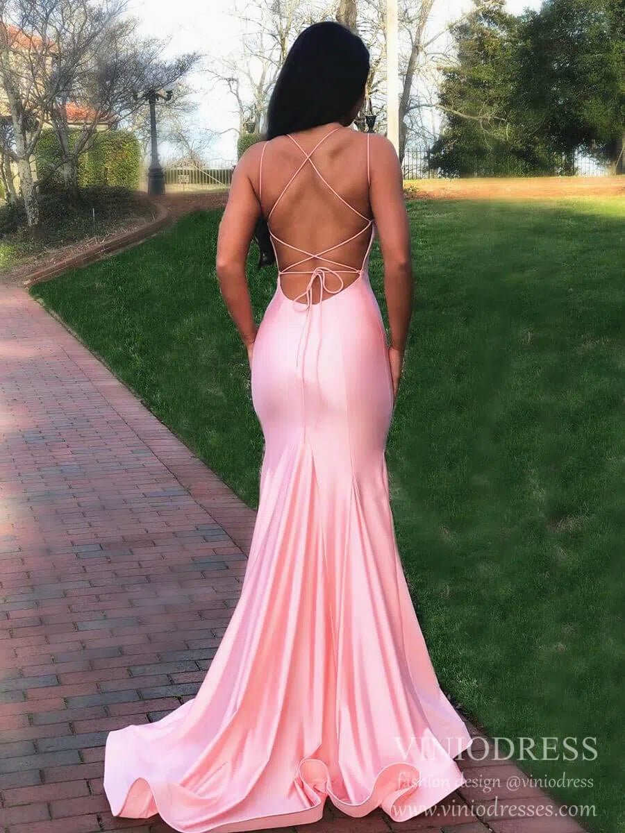 Pink Satin Mermaid Prom Dresses Spaghetti Strap Open Back Evening Dress FD2122-prom dresses 2025 -Viniodress-Pink-Custom Size-