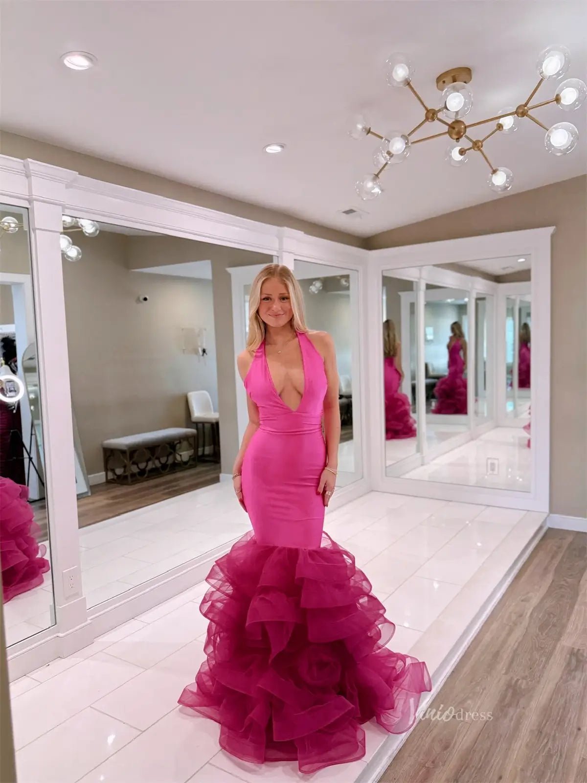 Pink Satin Mermaid Prom Dresses with Plunging V - Neck & Tiered Tulle Bottom - FD3621B - Viniodressprom dressesMagentaCustom Size - Formal Dresses - Ball Gowns