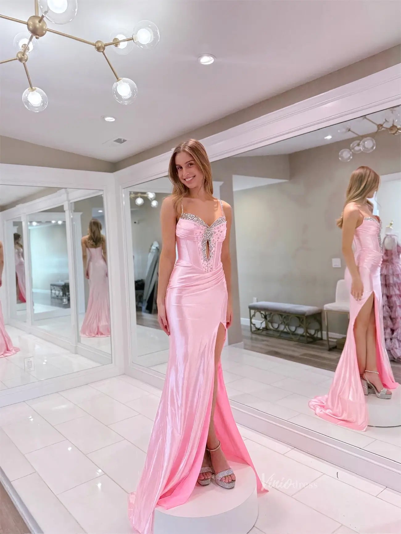 Pink Satin Mermaid Prom Dresses with Slit, Spaghetti Straps & Beaded S Viniodress Pink Satin Mermaid Prom Dresses with Slit, Spaghetti Straps & Beaded S Viniodress