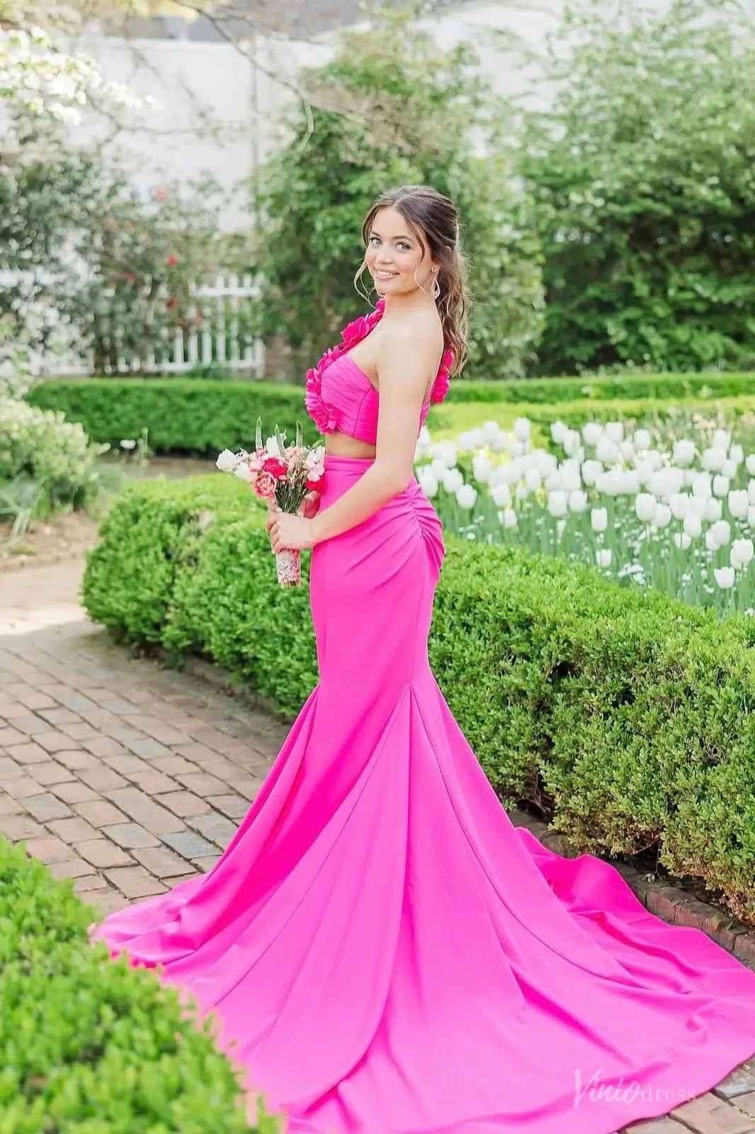 Pink Satin Mermaid Two-Pieces Prom Dresses with Floral One Shoulder - FD6047-prom dresses 2026-Viniodress-Hot Pink-Custom Size-