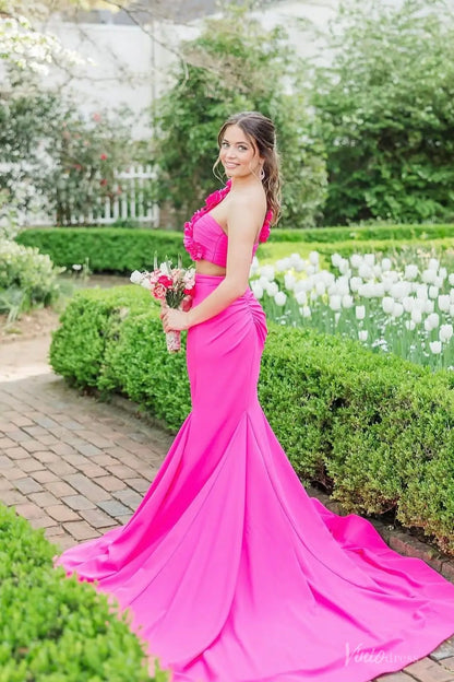 Pink Satin Mermaid Two-Pieces Prom Dresses with Floral One Shoulder - FD6047-prom dresses 2026-Viniodress-Hot Pink-Custom Size-