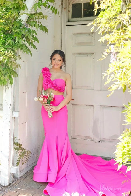 Pink Satin Mermaid Two-Pieces Prom Dresses with Floral One Shoulder - FD6047-prom dresses 2026-Viniodress-Hot Pink-Custom Size-