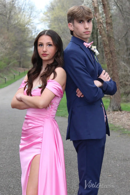 Pink Satin Off-Shoulder Prom Dress with Beaded Sweetheart Neckline, Ruched Bodice, High Slit – SS096-prom dresses 2025 -Viniodress-Pink-Custom Size-