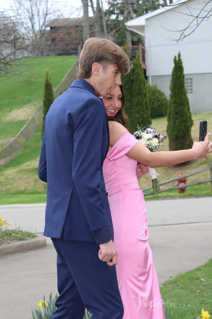 Pink Satin Off-Shoulder Prom Dress with Beaded Sweetheart Neckline, Ruched Bodice, High Slit – SS096-prom dresses 2025 -Viniodress-Pink-Custom Size-