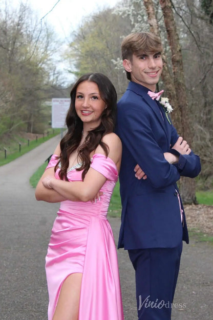 Pink Satin Off-Shoulder Prom Dress with Beaded Sweetheart Neckline, Ruched Bodice, High Slit – SS096-prom dresses 2025 -Viniodress-Pink-Custom Size-