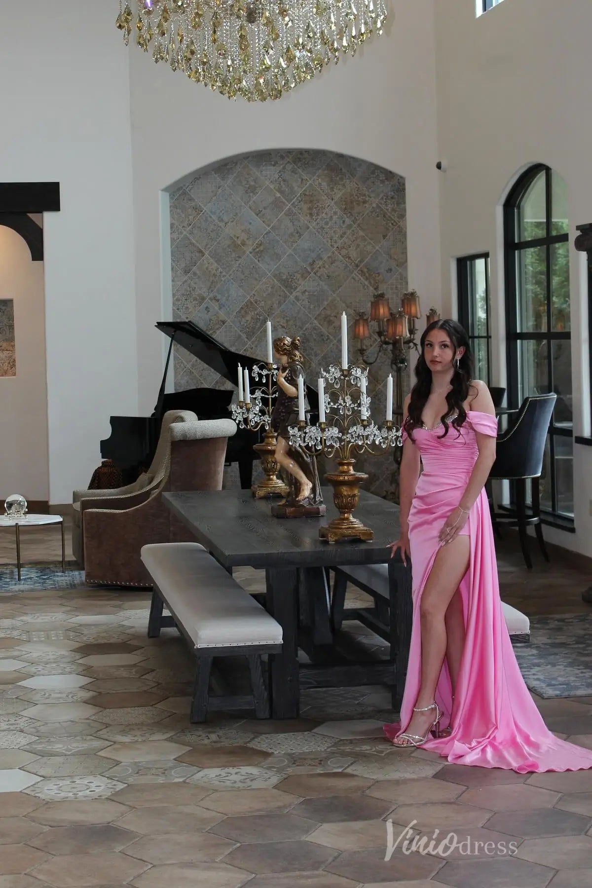 Pink Satin Off-Shoulder Prom Dress with Beaded Sweetheart Neckline, Ruched Bodice, High Slit – SS096-prom dresses 2025 -Viniodress-Pink-Custom Size-