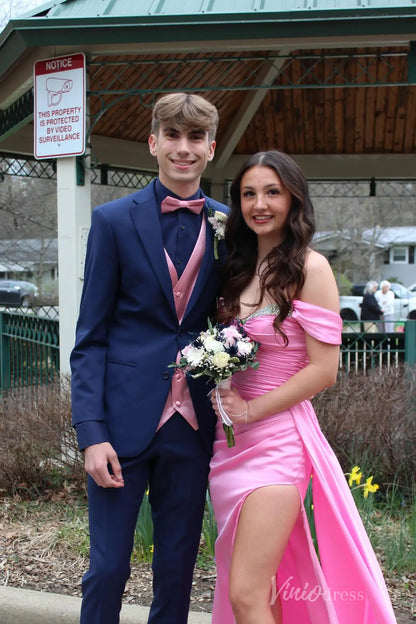 Pink Satin Off-Shoulder Prom Dress with Beaded Sweetheart Neckline, Ruched Bodice, High Slit – SS096-prom dresses 2025 -Viniodress-Pink-Custom Size-