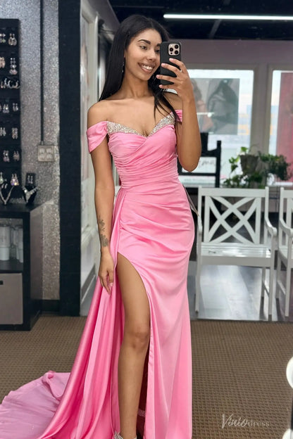 Pink Satin Off-Shoulder Prom Dress with Beaded Sweetheart Neckline, Ruched Bodice, High Slit – SS096-prom dresses 2026-Viniodress-Pink-Custom Size-