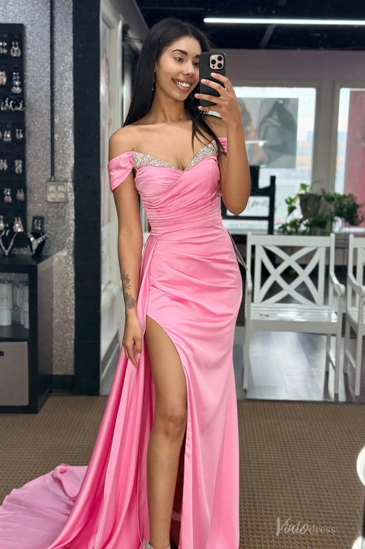 Pink Satin Off-Shoulder Prom Dress with Beaded Sweetheart Neckline, Ruched Bodice, High Slit – SS096