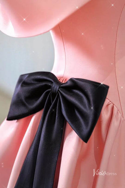 Pink Satin Off the Shouler Prom Dresses Bow Tie Formal Gown BG083-prom dresses 2025 -Viniodress-Pink-Custom Size-