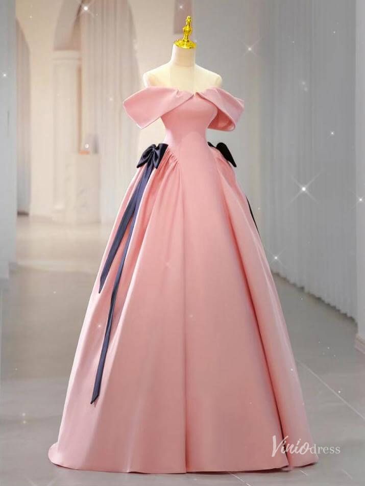 Pink Satin Off the Shouler Prom Dresses Bow Tie Formal Gown BG083-prom dresses 2025 -Viniodress-Pink-Custom Size-