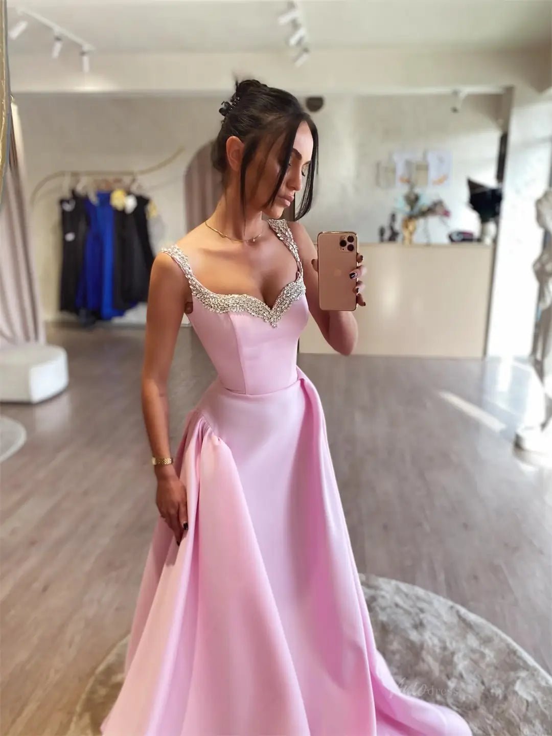 Pink Satin Prom Dresses 2025 Beaded Strap Formal Dress FD5245-prom dresses 2025 -Viniodress-Pink-Custom Size-