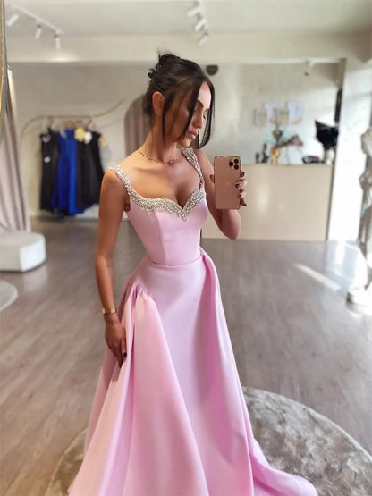 Pink Satin Prom Dresses 2025 Beaded Strap Formal Dress FD5245-prom dresses 2025 -Viniodress-Pink-Custom Size-
